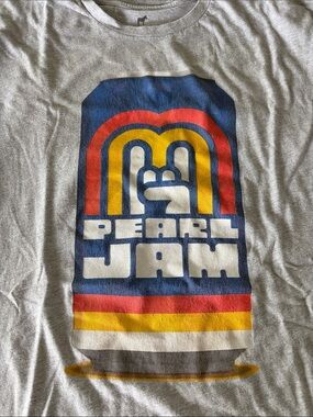 Self Made Gray Pearl Jam Retro Logo Tee with Blue, Red, Yellow Print Austin Tx